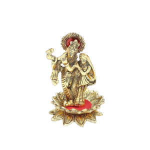 Gold-Plated Radha Krishna Idol on Lotus Base