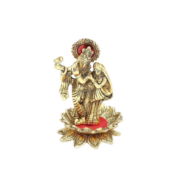 Gold-Plated Radha Krishna Idol on Lotus Base