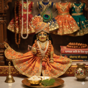 Laddu Gopal Shringar with Orange Poshak Tulsi Mala and Premanand Ji Maharaj Books - Shri Radha Govind Store